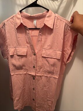 Zenana Outfitters Pink Button-Down Utility Shirt
